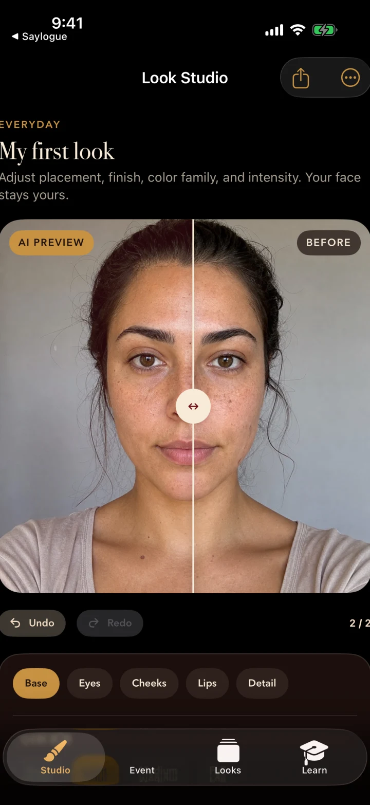 My Makeup Plan Look Studio with a before and AI preview comparison, undo control, and editable makeup categories